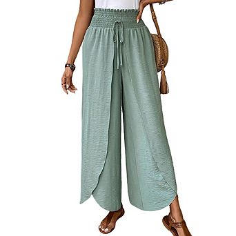 Women's Elastic Waist Wide Leg Pants Irregular Hem Casual Pants