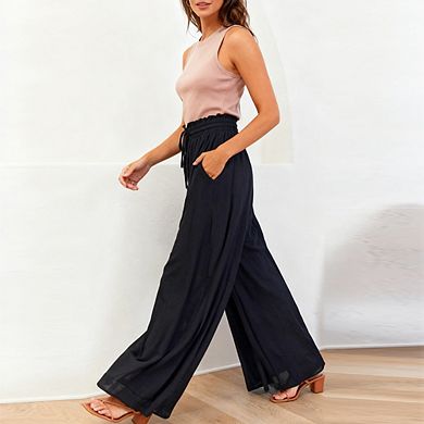 Women's Elastic Waist Wide Leg Palazzo Pants Casual Beach Trousers Side Pockets Flowy Lounge Pants
