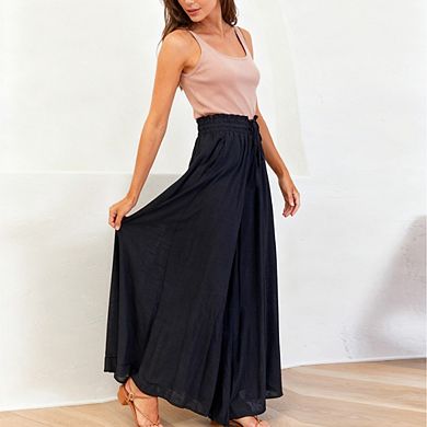 Women's Elastic Waist Wide Leg Palazzo Pants Casual Beach Trousers Side Pockets Flowy Lounge Pants