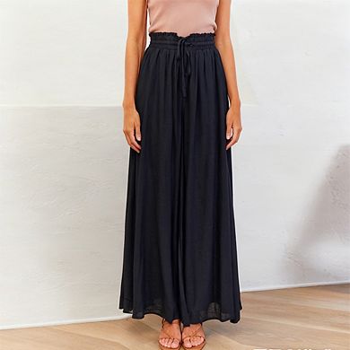 Women's Elastic Waist Wide Leg Palazzo Pants Casual Beach Trousers Side Pockets Flowy Lounge Pants