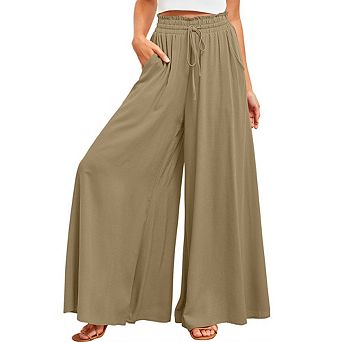 Women's Elastic Waist Wide Leg Palazzo Pants Casual Beach Trousers Side Pockets Flowy Lounge Pants