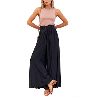 Women's Elastic Waist Wide Leg Palazzo Pants Casual Beach Trousers Side Pockets Flowy Lounge Pants
