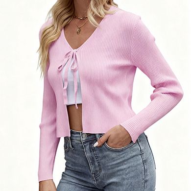 Women's Knit Cardigan Long Sleeve Tie Front Cropped Cardigan