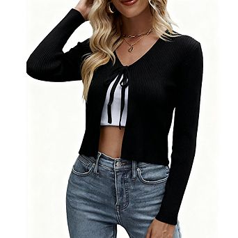 Women's Knit Cardigan Long Sleeve Tie Front Cropped Cardigan