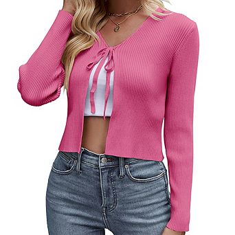Women's Knit Cardigan Long Sleeve Tie Front Cropped Cardigan