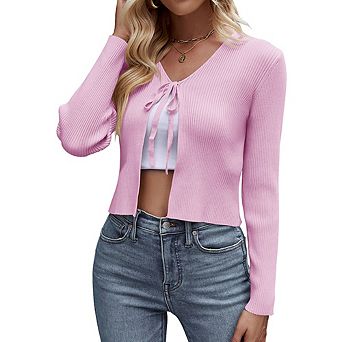 Women's Knit Cardigan Long Sleeve Tie Front Cropped Cardigan