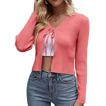 Women's Knit Cardigan Long Sleeve Tie Front Cropped Cardigan