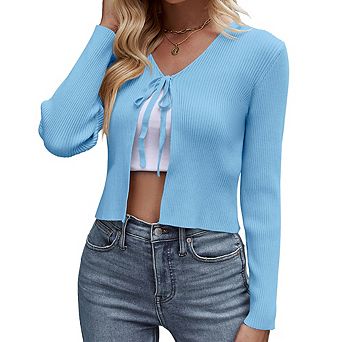 Women's Knit Cardigan Long Sleeve Tie Front Cropped Cardigan