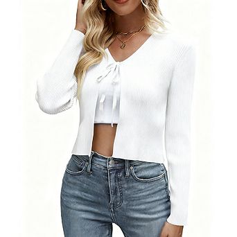 Women's Knit Cardigan Long Sleeve Tie Front Cropped Cardigan