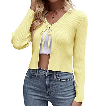 Women's Knit Cardigan Long Sleeve Tie Front Cropped Cardigan