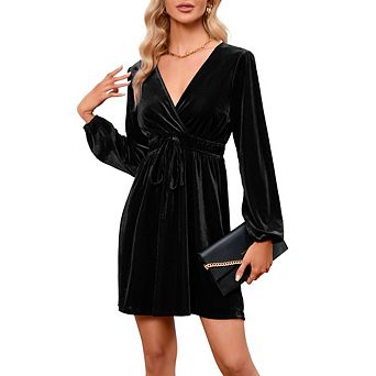 Womens Long Sleeve Velvet Dress V Neck Holiday Cocktail Party Semi Formal Mini Dress Wedding Guest
