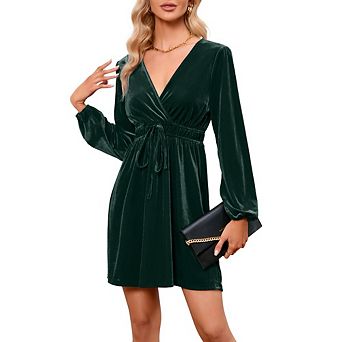 Womens Long Sleeve Velvet Dress V Neck Holiday Cocktail Party Semi Formal Mini Dress Wedding Guest