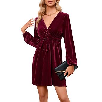Womens Long Sleeve Velvet Dress V Neck Holiday Cocktail Party Semi Formal Mini Dress Wedding Guest