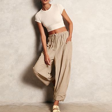Women's Elastic Waist Straight Leg Pants with Side Pockets Casual Tapered Ankle Pants