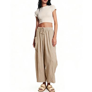 Women's Elastic Waist Straight Leg Pants with Side Pockets Casual Tapered Ankle Pants
