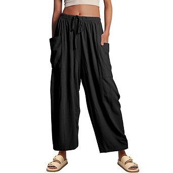 Women's Elastic Waist Straight Leg Pants with Side Pockets Casual Tapered Ankle Pants