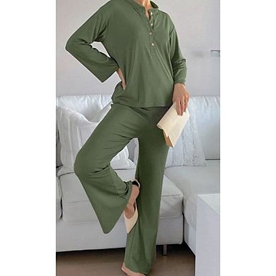 Womens 2 Piece Pajamas Set Soft Button Down Lounge Comfy Long Sleeve Sleepwear Set