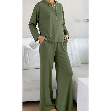Womens 2 Piece Pajamas Set Soft Button Down Lounge Comfy Long Sleeve Sleepwear Set