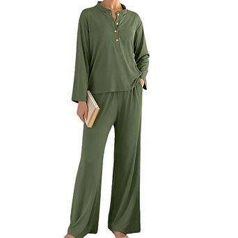 Womens 2 pc Pajamas Set Soft Button Down Lounge Comfy Long Sleeve Sleepwear Set