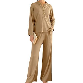 Womens 2 pc Pajamas Set Soft Button Down Lounge Comfy Long Sleeve Sleepwear Set