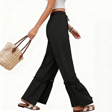 Women's High Waist Wide Leg Pants Elastic Drawstring Casual Trousers with Pockets Palazzo Pants