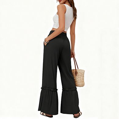 Women's High Waist Wide Leg Pants Elastic Drawstring Casual Trousers with Pockets Palazzo Pants