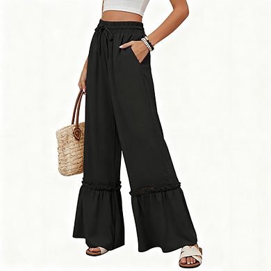 Women's High Waist Wide Leg Pants Elastic Drawstring Casual Trousers with Pockets Palazzo Pants