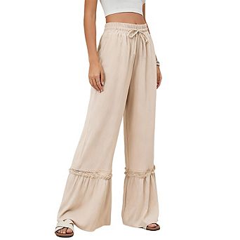Women's High Waist Wide Leg Pants Elastic Drawstring Casual Trousers with Pockets Palazzo Pants