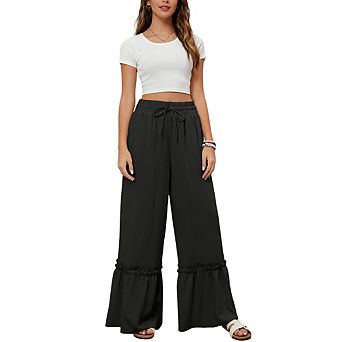 Women's High Waist Wide Leg Pants Elastic Drawstring Casual Trousers with Pockets Palazzo Pants