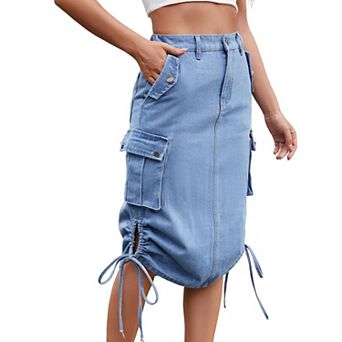 Women Y2k Cargo Long Skirt Vintage High Waist Ruched Slit Midi Maxi Denim Jean Skirt with Pockets