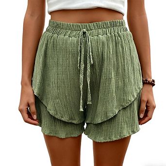 Women's Casual Shorts with Double Layer Hem Elastic Drawstring Waist High Waist Summer Shorts