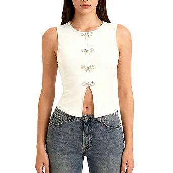 Women's Casual Sleeveless Tank Top with Front Slit V Neck Loose Fit Comfort Stretch Cotton Tee