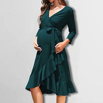 Women's Maternity V-Neck Ruffle Hem Dress Belted Three-Quarter Sleeve Flowy Dress