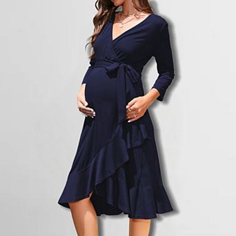Women's Maternity V-Neck Ruffle Hem Dress Belted Three-Quarter Sleeve Flowy Dress