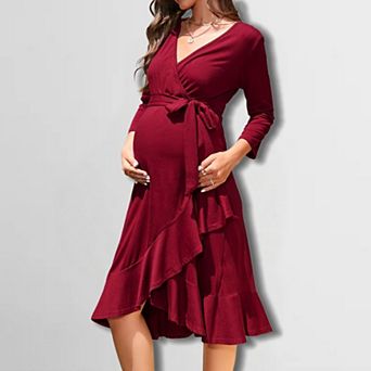 Women's Maternity V-Neck Ruffle Hem Dress Belted Three-Quarter Sleeve Flowy Dress