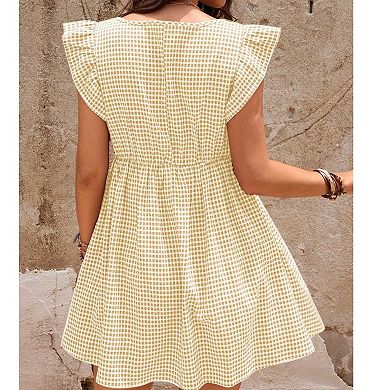 Women's Maternity Gingham Dress, Square Neck Ruffle Sleeve Flowy Summer Plaid Mini Dress