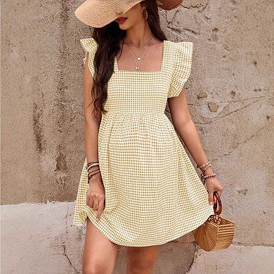 Women's Maternity Gingham Dress, Square Neck Ruffle Sleeve Flowy Summer Plaid Mini Dress