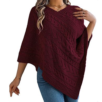 Women's Cable Knit Cape Poncho Oversized Open Front Sweater Wrap