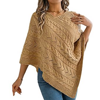 Women's Cable Knit Cape Poncho Oversized Open Front Sweater Wrap