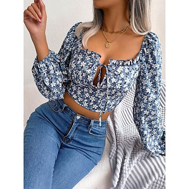 Women's Floral Long Sleeve Blouse Square Neck Tie Front Crop Top