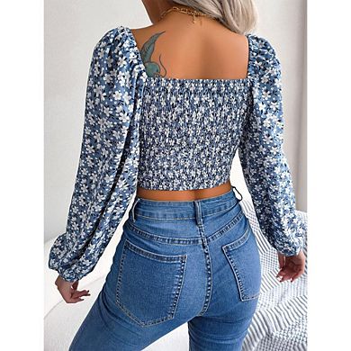 Women's Floral Long Sleeve Blouse Square Neck Tie Front Crop Top