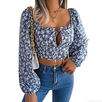 Women's Floral Long Sleeve Blouse Square Neck Tie Front Crop Top