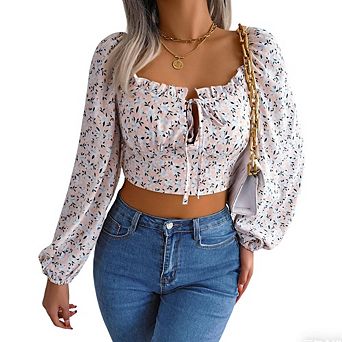 Women's Floral Long Sleeve Blouse Square Neck Tie Front Crop Top