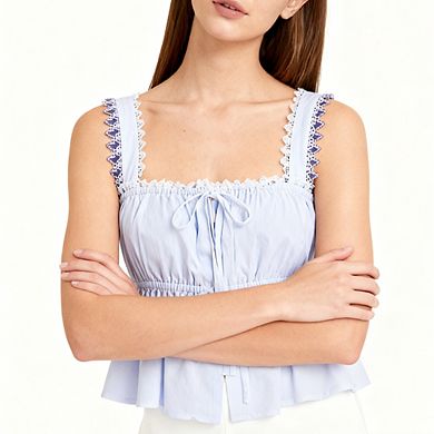 Women's Lace Cami Top with Drawstring Short Cropped Cute Casual Tank Top