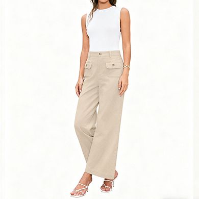 Women's High Waist Wide Leg Pants with Pockets Stretch Elastic Waist Work Casual Dress Pants