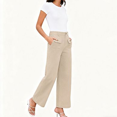 Women's High Waist Wide Leg Pants with Pockets Stretch Elastic Waist Work Casual Dress Pants