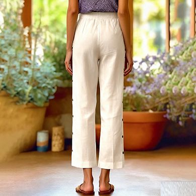 Women's High Waist Pants with Button Down Sides Casual Relaxed Fit Cropped Dress Pants with Pocket