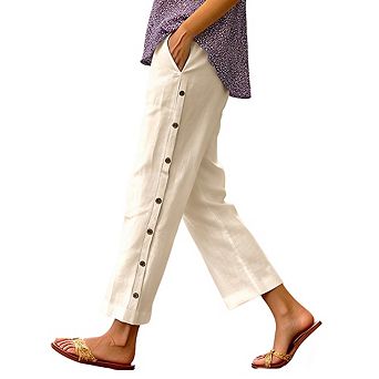 Women's High Waist Pants with Button Down Sides Casual Relaxed Fit Cropped Dress Pants with Pocket