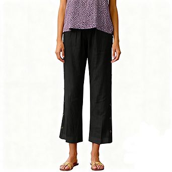 Women's High Waist Pants with Button Down Sides Casual Relaxed Fit Cropped Dress Pants with Pocket