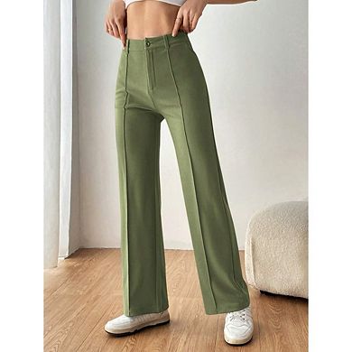 Women's Straight Leg Pants Stretchy Button Business Casual Work Trousers Knit Elastic Waist Slacks